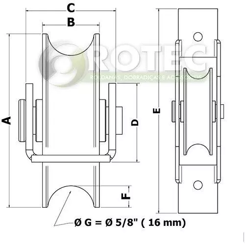 Roldana canal U ferro 5/8" com auporte aberto rebitada